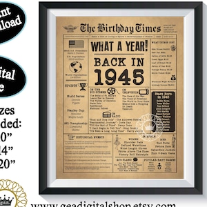 Back in 1945 Birthday Newspaper Poster DIGITAL FILE 80th Birthday Milestone Present Unique Gift Party Sign Wall Art Aged Poster Printable