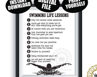 May include: Black and white printable poster with the text "Swimming Life Lessons" and 10 life lessons about swimming. The poster features a silhouette of a swimmer in the water.
