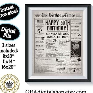 50. Geburtstag Zeitung DIGITALE DATEI, 1975 Geburtsjahr Geburtstag Party Schild, 50. Geburtstag Meilenstein Party Banner Einzigartiges Kunstgeschenk zum Ausdrucken