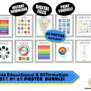 Conjunto de 65 carteles de aprendizaje de HomeSchool, paquete de impresiones educativas para niños Montessori, archivos de arte de sala de juegos para niños pequeños, decoración del aula imprimible