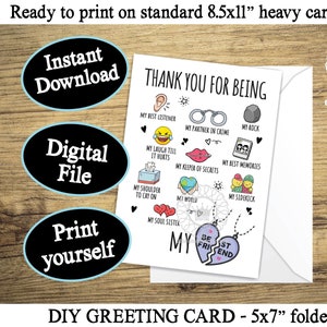 Best Friend Card PRINTABLE Friendship Card for Bestie, Soul Sister Sidekick Partner in Crime Greeting Card Digital Instant Download