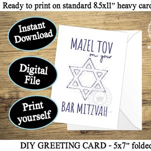 Bar Mitzwa Karte DRUCKBARE Mazel Tov Karte, 13.Geburtstagskarte für Jungen, moderne jüdische Bar Mitzwa Karte digitale Datei Sofort-Download