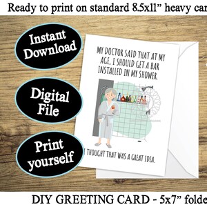 Tarjeta de cumpleaños divertida para abuela o mamá, ideal para envejecer. Imprimible. Tarjeta de cumpleaños para bar en la ducha. Archivo digital.