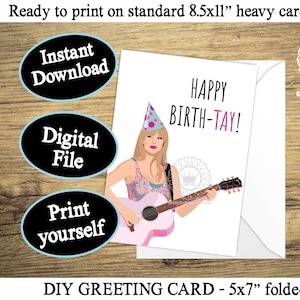 Taylor Swift verjaardagskaart AFDRUKBARE Taylor Swift Happy Birth-tay, Swiftie Fan Card, verjaardagskaart voor Tween Girl digitale Instant Download