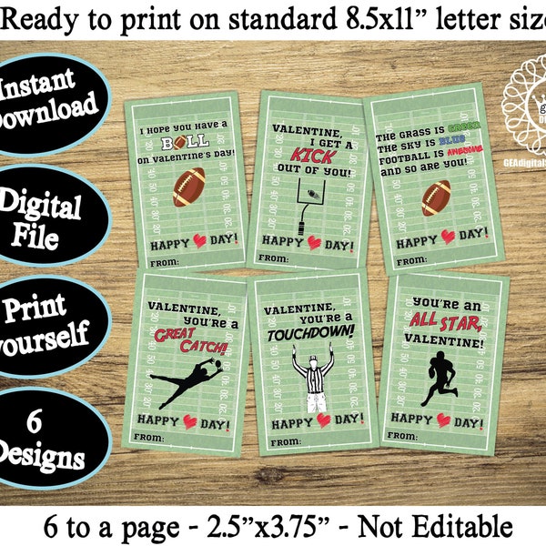 Football Valentine Cards DIGITAL FILES Printable Sports Kid Valentines Day Cards boys Favor Tags DIY School Classroom Party Instant Download