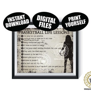 FILLE Basketball Leçons de vie DOSSIER NUMÉRIQUE Motivation Sports Affiche Équipe Cadeau Senior Présent Mur Décor Art Téléchargement instantané Imprimable