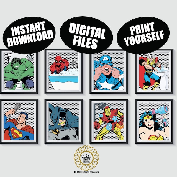 Retro Superhero Bathroom DIGITAL FILES Qty 8 Wall Art Decor Boys Birthday Present Gift Spider-Man Hulk Kids Instant Download Printable