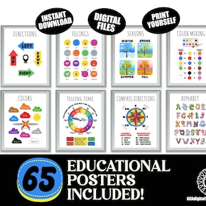 Carteles educativos, juego de 65 impresiones artísticas para la educación en el hogar, carteles para el aula Montessori, decoración de salas de juegos para niños pequeños, arte educativo moderno para niños