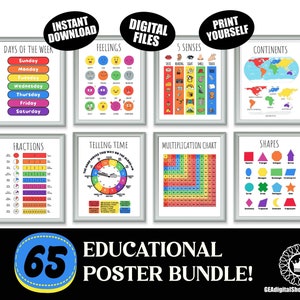 Juego de 65 imprimibles para la escuela en casa, carteles educativos Montessori, impresiones del alfabeto, arte para la sala de juegos de los niños, decoración del aula Montessori, estilo bohemio para niños pequeños