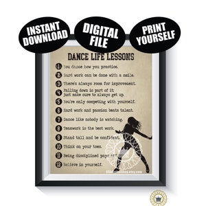 May include: A printable poster with a black silhouette of a dancer and a list of 12 dance life lessons. The text reads: "You dance how you practice. Hard work can be done with a smile. There's always room for improvement. Falling down is part of it: just make sure to always get up. You're only competing with yourself. Hard work and passion beats talent. Dance like nobody is watching. Teamwork is the best work. Stand tall and be confident. Think on your toes. Being disciplined pays off. Believe in yourself."