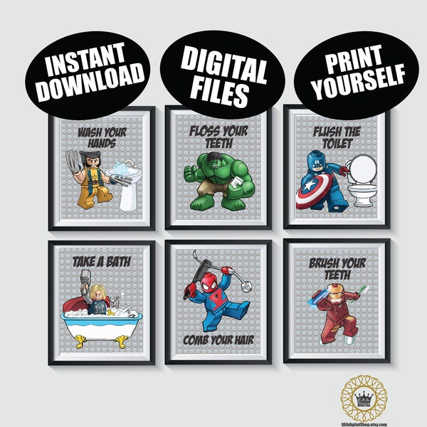 Superhero Bathroom DIGITAL FILES Qty 6 Boys Wall Decor Kids Home Art Gift Spider-Man Hulk Superheroes Instant Download Printable