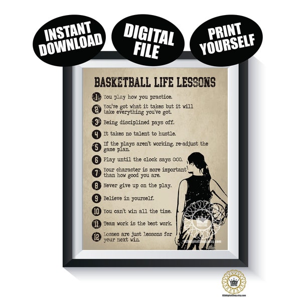 GIRL Basketball Life Lessons DIGITAL FILE Motivational Sports Poster Team Gift Senior Present Wall Decor Art Instant Download Printable