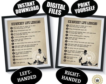 May include: Two printable posters with a black frame and a beige background. The posters feature a hockey player and a list of 12 ice hockey life lessons. The text on the posters reads "Ice Hockey Life Lessons". The posters are labeled "Left-Handed" and "Right-Handed".