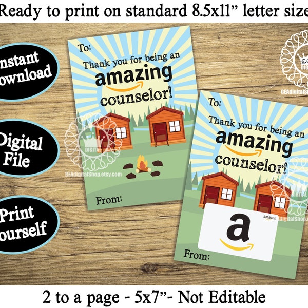 PRINTABLE Counselor Gift Card Holder Amazon Summer Camp Thank You Tag Appreciation Present Digital File Instant Download Day Camp Overnight