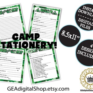 Papelaria DIGITAL para acampamento Camuflado Preencha as lacunas Notícias Verde MENINO Dormir fora Durante a noite Acampamento Nota Carta Cartão postal Arquivo para impressão Download instantâneo