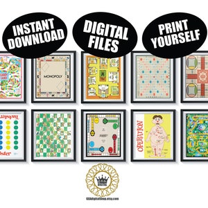 Vintage Board Game DIGITAL FILES Qty 10 Game Room Wall Art Decor Housewarming Present Retro Dorm Room Playroom Instant Download Printable