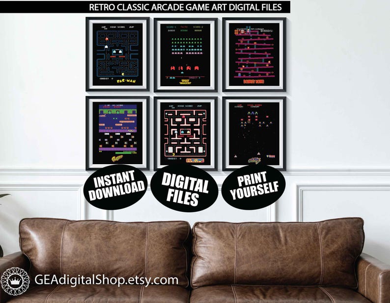 Retro Arcade Game Art DIGITAL FILES Qty 6 Vintage Classic Video Game ...