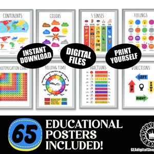 Set von 65 Lernpostern, druckbare Homeschool-Unterrichtspostern, Montessori-Klassenzimmerpostern, Kleinkind-Spielzimmerdekor, Homeschool-Kunst