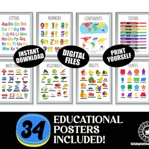Juego de 34 carteles de aprendizaje para la educación en casa, carteles educativos para niños pequeños, decoración de aula Montessori para niños, decoración de pared para sala de juegos.