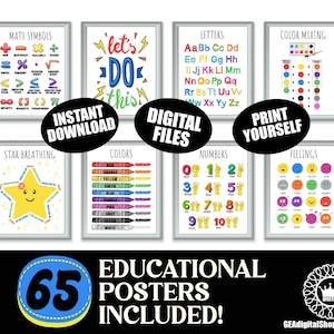Set mit 65 Lehrtafeln für die Hausschule, Montessori-Pädagogische Kunst, Kleinkind-Spielzimmerdekor, Schulklassenzimmerplakate, Mathe- und Alphabetkunst