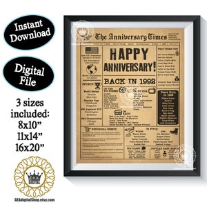 1992 Anniversary Newspaper DIGITAL FILE Milestone Posters Present Unique Gift Sign Wall Decor Art Antique 30th Instant Download Printable