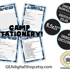 Papelaria de acampamento para impressão Camuflagem Preencha os espaços em branco Menino azul Dormir fora Notas de acampamento Carta do acampamento Arquivo digital Download instantâneo