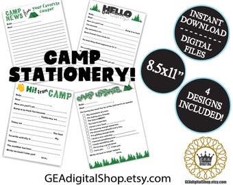 DIGITAL Camp Stationery PRINTABLE Overnight Camp Letterhead News Sleep Away Fill in the Blank Notes Letters Postcards Instant Download File