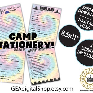 Papelaria Tie Dye Camp para impressão Preencha os espaços em branco Dormir fora durante a noite Meninas Notas de acampamento Cartas Cartões postais Arquivo digital Download instantâneo