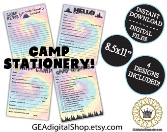 PRINTABLE Tie Dye Camp Stationery Fill in the Blank Sleep Away Overnight Girls Camp Notes Letters Postcards Digital File Instant Download