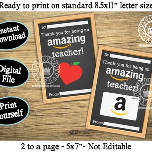 PRINTABLE Amazon Teacher Gift Card Holder Appréciation Merci Tag Present Digital File Instant Download Therapist Daycare Tutor Preschool