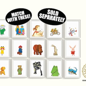 May include: A set of 12 printable images featuring characters from children's books. The images are in a white frame with a white background. The images include a bear, a rabbit, a pig, a frog, a crocodile, a robot, a train, a teddy bear, a girl, a boy, an elephant, and a family of bears. The text "Match with these!" and "Sold Separately" is on the top of the image.