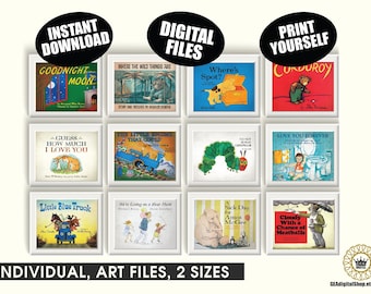 Klassieke verhalenboek afdrukbare kunst digitaal bestand aantal 12 baby favoriete boek tekens kwekerij voorschoolse klas bibliotheek boek nerd babyshower