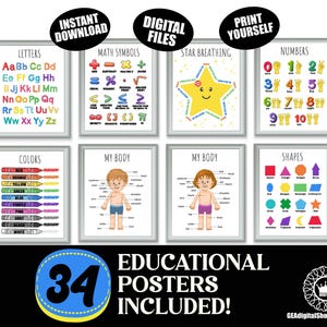 Juego de 34 impresiones artísticas educativas de verano para niños en casa, carteles educativos de aprendizaje, imprimibles, para sala de juegos infantil, decoración de aula Montessori