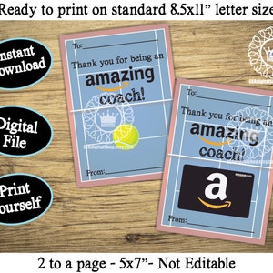 PRINTABLE Tennis Coach Gift Card Holder Amazon Thank You Tag Present Digital File Téléchargement instantané Coach Appreciation Present Boys Girls