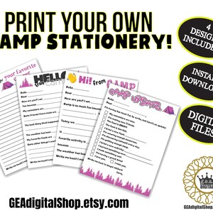 Papelaria para acampamento para impressão, notícias de acampamento para preencher em branco, notas de acampamento para crianças, cartões-postais de acampamento para meninas, arquivo digital de última hora para download instantâneo