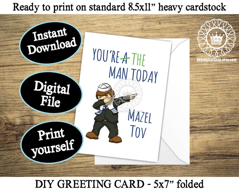 May include: A printable digital greeting card featuring a cartoon illustration of a person in a blue suit and a yarmulke, doing the dab dance. The text on the card reads "You're a the man today Mazel Tov".