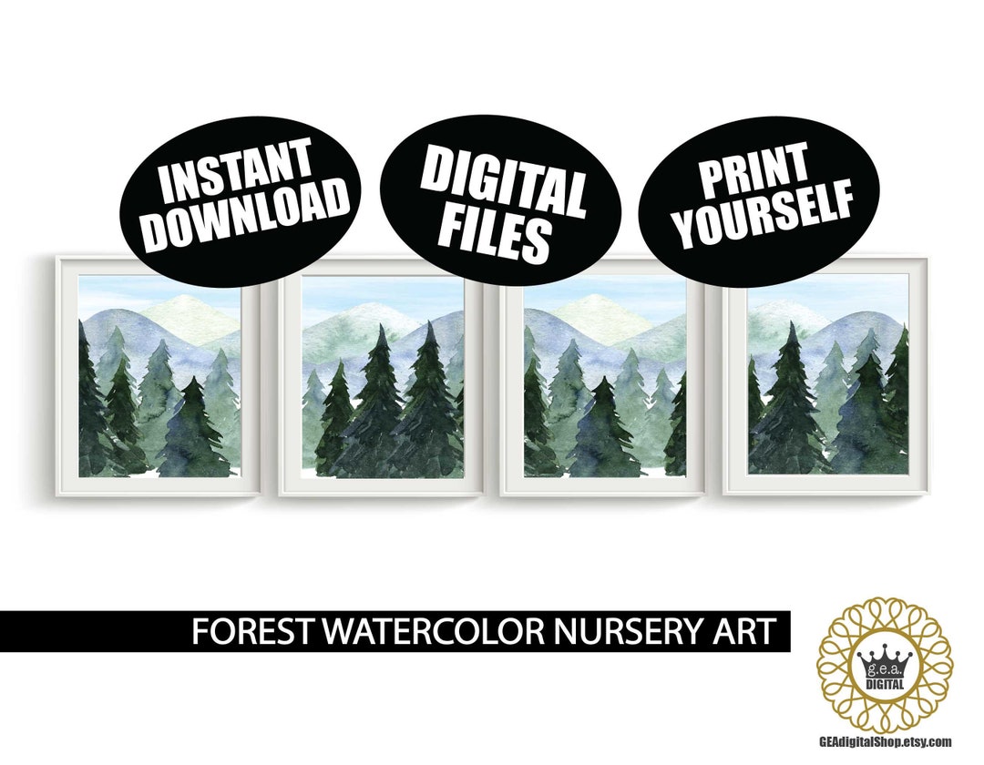 Forest Nursery Art DIGITAL FILES, Set of 4 Kids Woodland Mountain Wall ...
