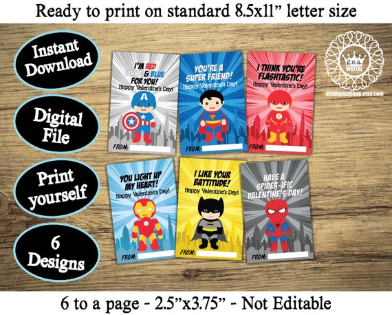 Superhero Valentine Cards DIGITAL FILES Printable School | Etsy