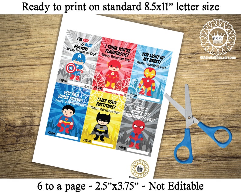 Superhero Valentine Cards DIGITAL FILES Printable School Valentines ...