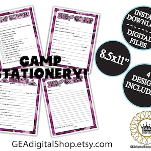 Papelaria digital para acampamento camuflada para preencher em branco Notícias Pink Girls Sleep Away Overnight Camp Summer Note Card Carta para impressão Arquivo para download instantâneo