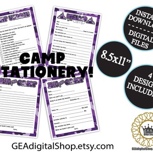 Papelaria para acampamento de verão, carta digital para crianças, camuflagem, preenchimento em branco, roxo, meninas, dormir fora, cartão de acampamento noturno, arquivo para impressão, download instantâneo