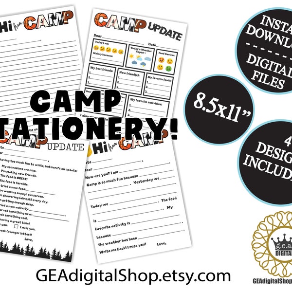 PRINTABLE Sports Camp Stationery Fill in the Blank News Sleep Away Overnight Camp Notecards Letterhead Letters Digital File Instant Download