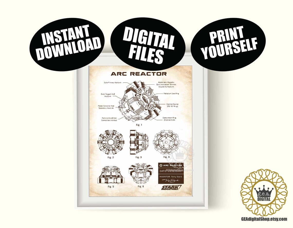 Arc Reactor Vintage Blueprint Art, Iron Man Arc Reactor Patent Poster ...