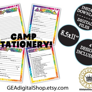 Papelaria de acampamento para impressão Tie Dye Preencha os espaços em branco Notícias Durma fora de casa Notas de acampamento Carta Cartão postal Arquivo digital Download instantâneo