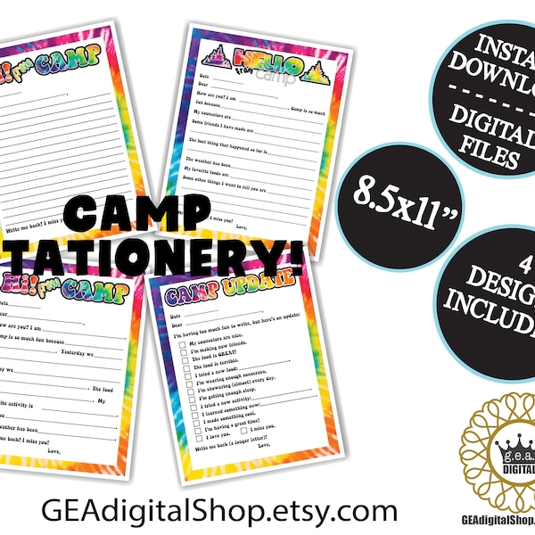 PRINTABLE Camp Stationery Tie Dye Fill in the Blank News Sleep Away Overnight Camp Notes Letter Postcard Digital File Instant Download