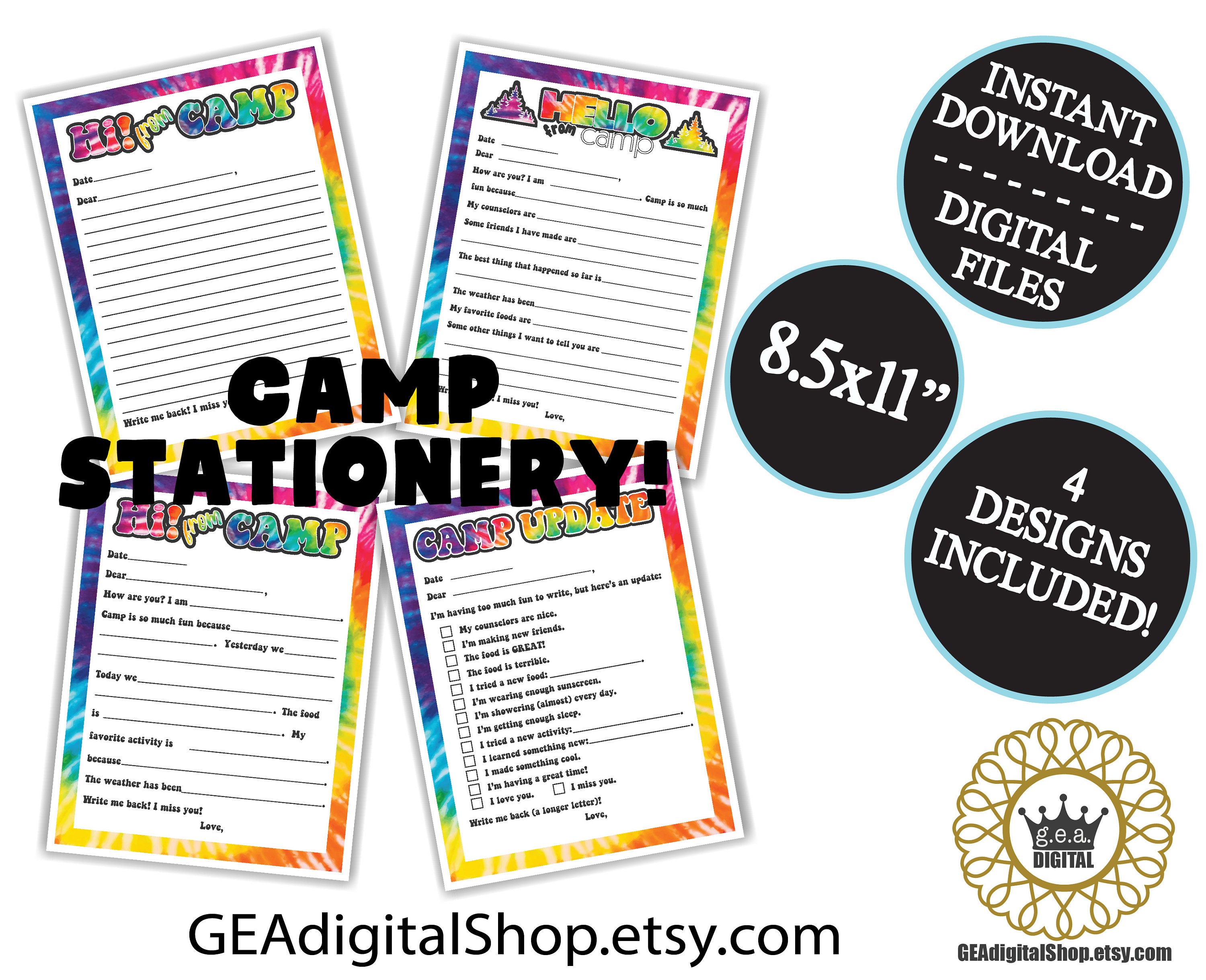 PRINTABLE Camp Stationery Tie Dye Fill in the Blank News Sleep Away Overnight Camp Notes Letter Postcard Digital File Instant Download