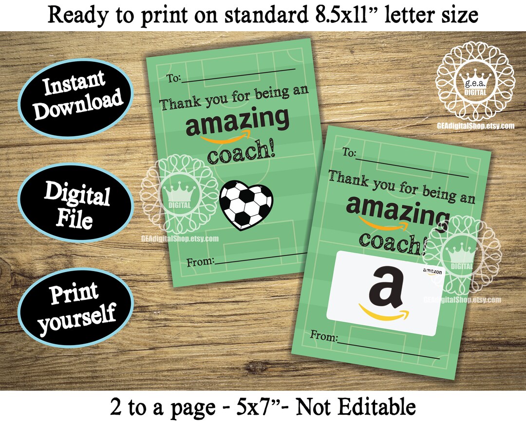 PRINTABLE Soccer Coach Gift Card Holder Amazon Thank You Tag Present Digital File Instant