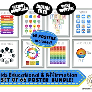 Juego de 65 carteles educativos, impresiones para la educación en el hogar, decoración de aulas Montessori, sala de juegos para niños pequeños, impresión de arte de pared para sala de juegos infantil neutra