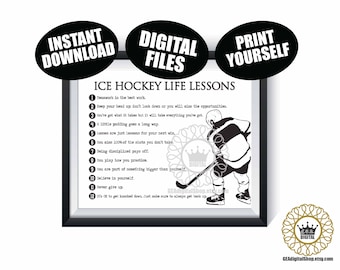 May include: Black and white printable poster with a hockey player illustration and a list of 12 life lessons titled "Ice Hockey Life Lessons".