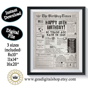 1945 Birthday Newspaper Poster DIGITAL FILE 80th Birthday Milestone Present Unique Gift Party Sign Wall Art Aged Poster Download Printable